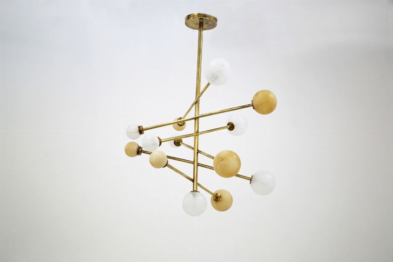 Lampadario da soffitto italiano in vetro e ottone
