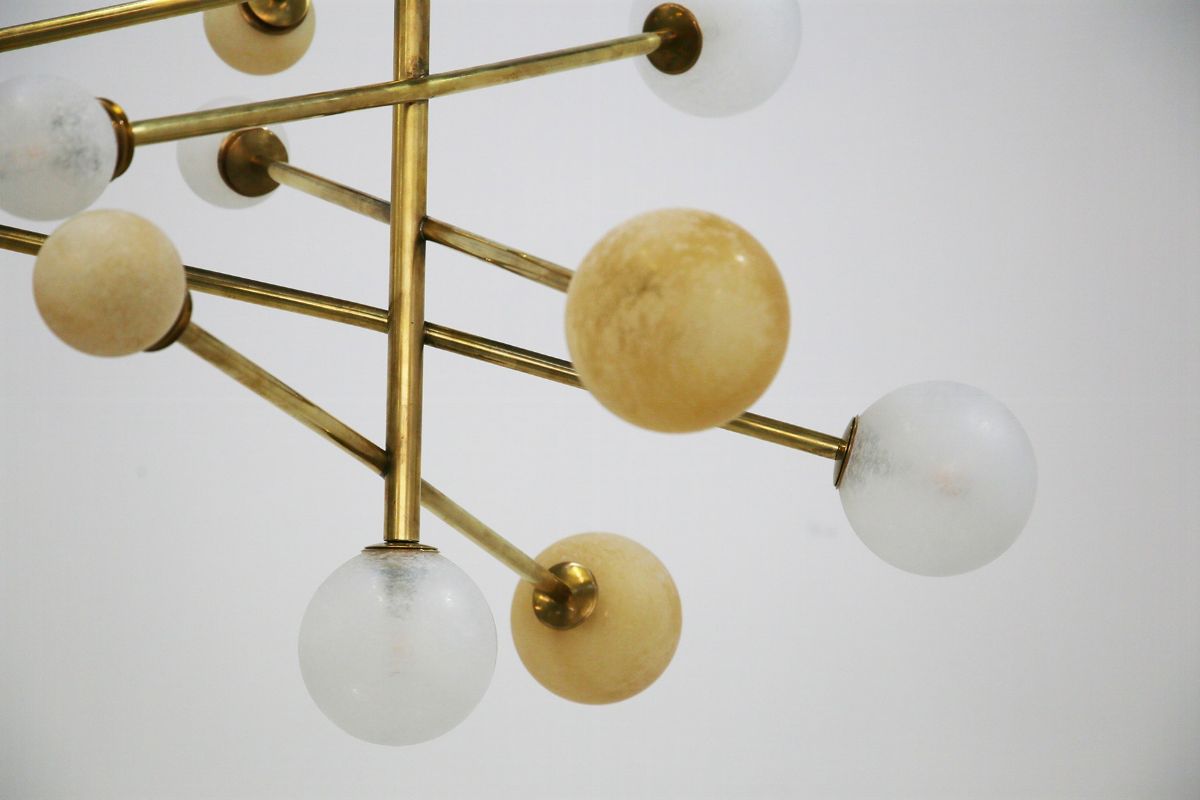 Lampadario da soffitto italiano in vetro e ottone