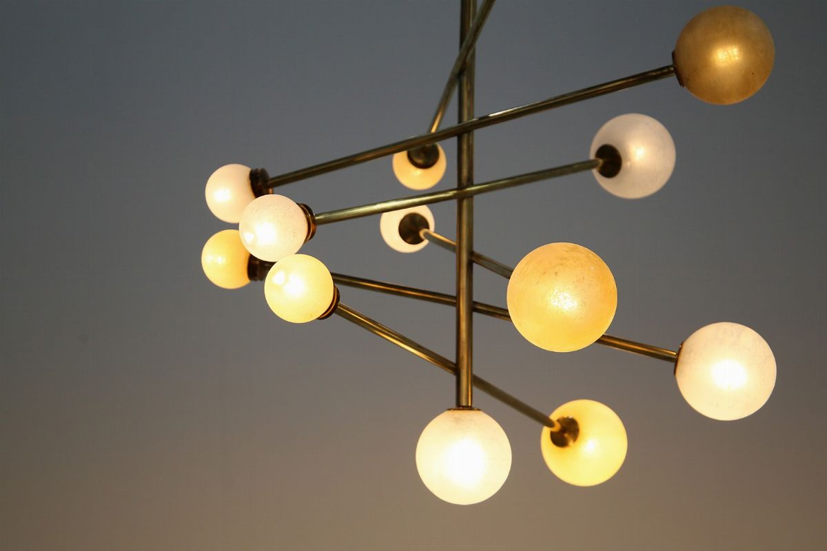 Lampadario da soffitto italiano in vetro e ottone