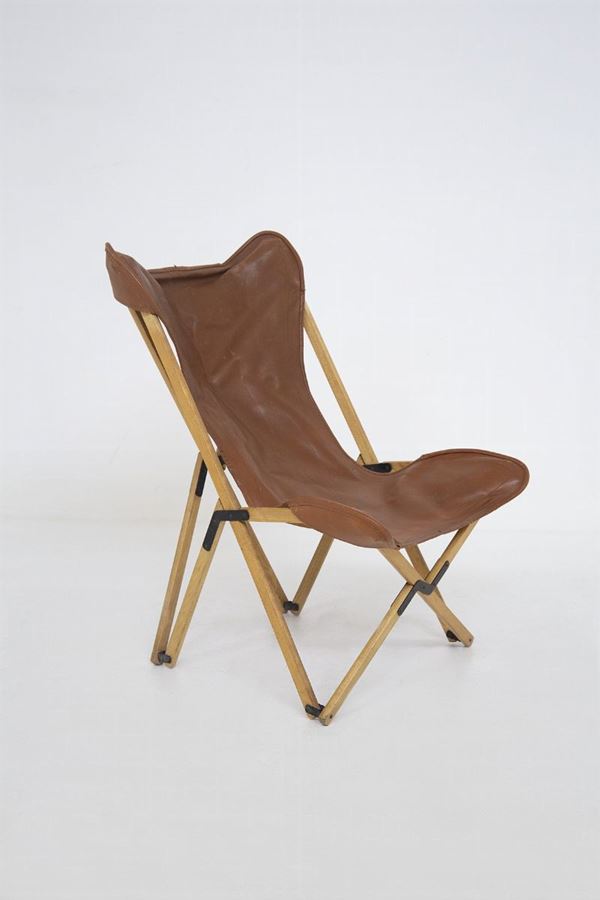 Tripolina Folding Chair by Viganò in Leather and Teak from circa 1970s