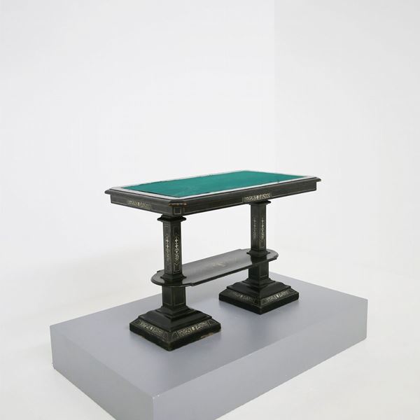 Antique game table in green cloth and inserts