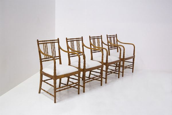 Four French Chairs in Wood and White Bouclè