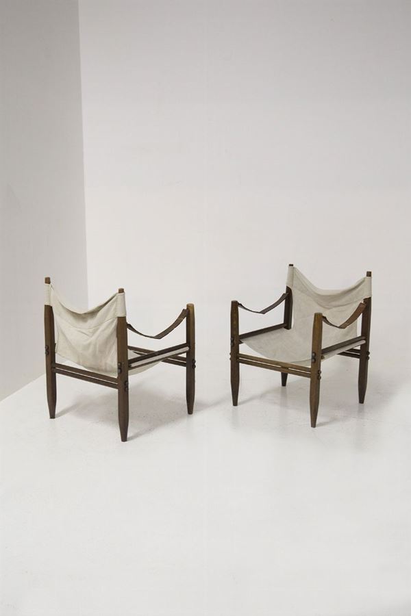 Vintage Safari Armchairs in Wood and Fabric