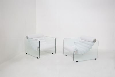 Pair Of Glass And White Imitation Leather Armchairs By Fabio Lenci