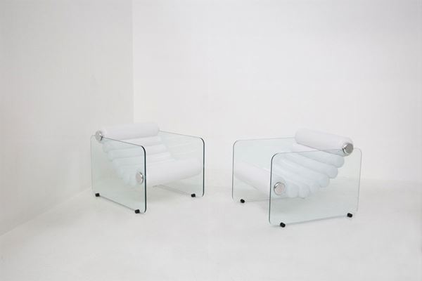 Pair of Glass and White Imitation Leather Armchairs by Fabio Lenci