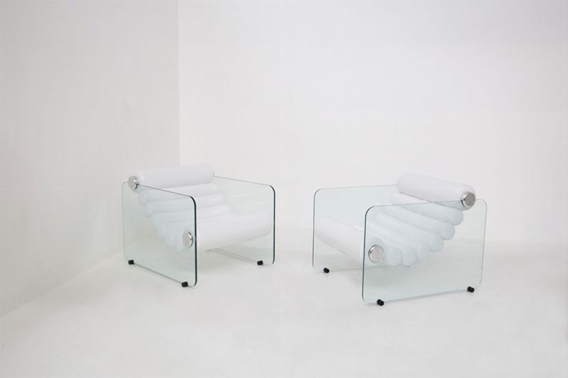 Pair Of Glass And White Imitation Leather Armchairs By Fabio Lenci