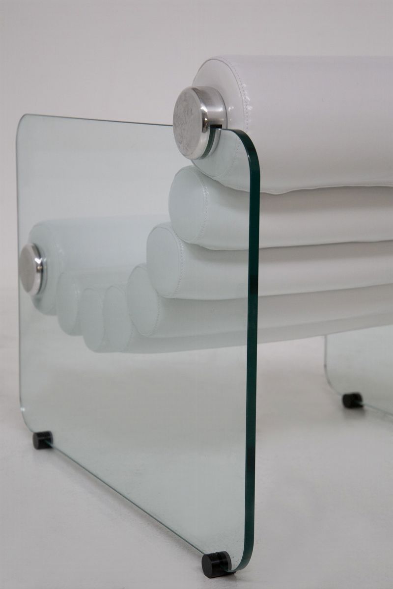 Pair Of Glass And White Imitation Leather Armchairs By Fabio Lenci