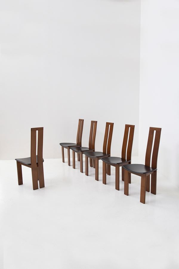 Set of 6 chairs in wood and leather, production Molteni