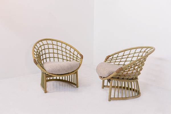 Pair of Large Italian Bamboo and Rattan Armchairs