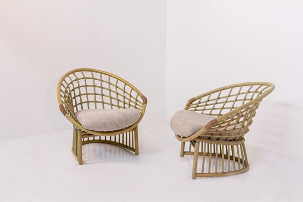 Coppia di grandi poltrone italiane in bambù e rattan