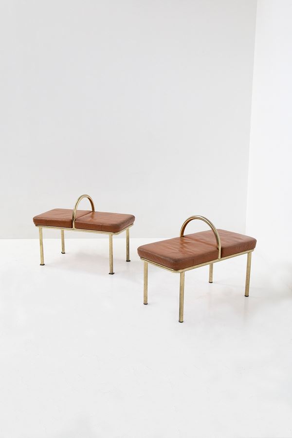 Pair of Italian Leather and Gold Metal Benche
