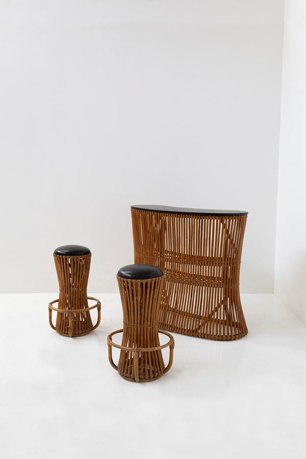 Tito Agnoli - Bamboo bar and bar stools attr. Tito Agnoli