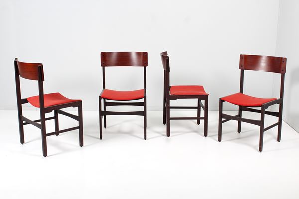 Set of 4 dark wood chairs with red fabric seat, attr. Cantù production.