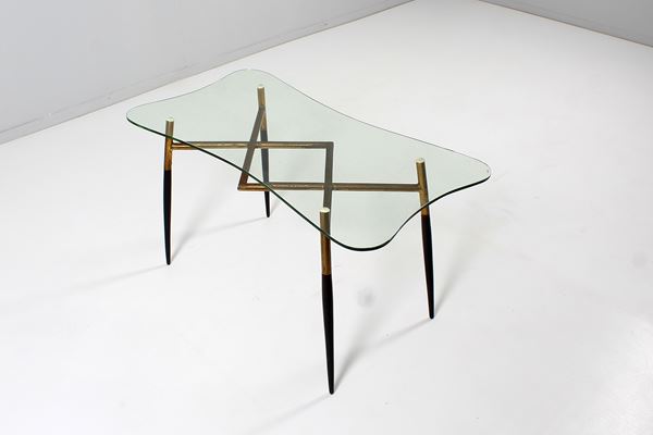Cesare Lacca - Glass coffee table with brass and wood frame, attr to Cesare Lacca, Italian manufacture.