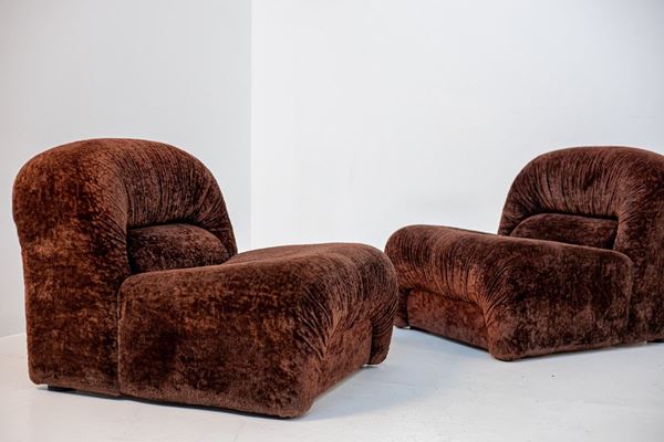 Pair of Italian Armchairs Space Age in Brown Alkantara