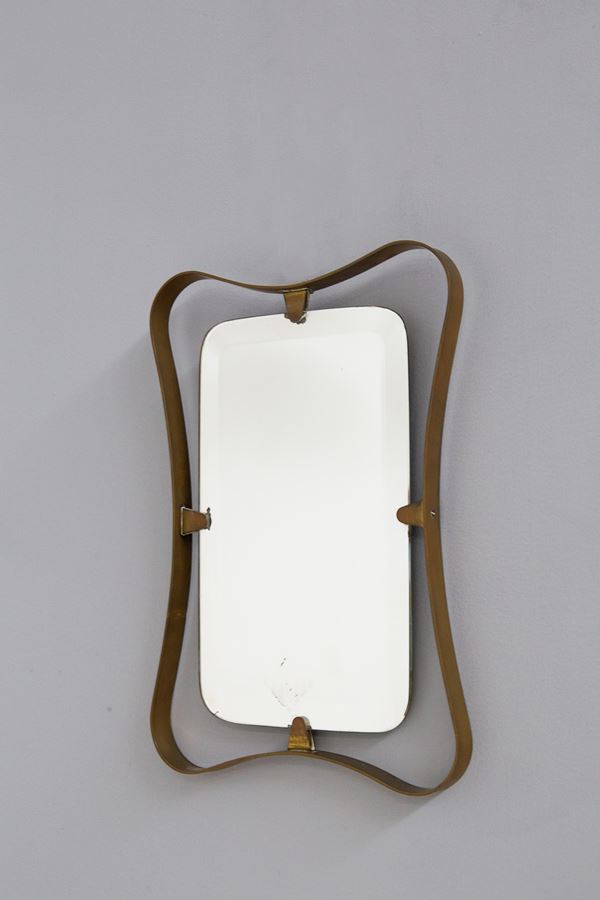 Italian Wall Mirror by Fontana Arte in Brass, Original Label