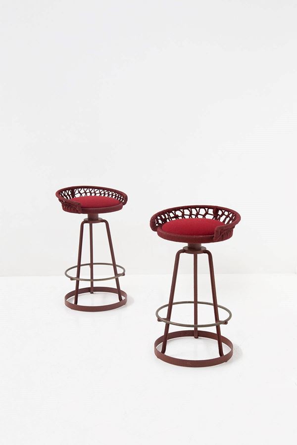 Marzio Cecchi - Marzio Cecchi Pair of Italian Red Rope High Stools