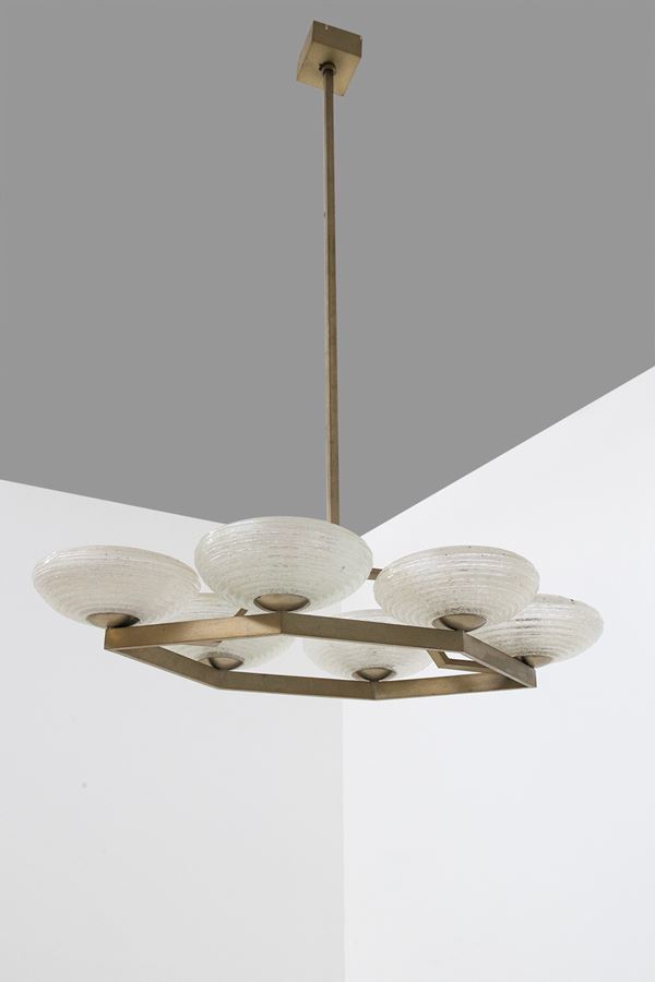 Raro lampadario in ottone e vetro di Murano, produzioni Toso e Barovier.