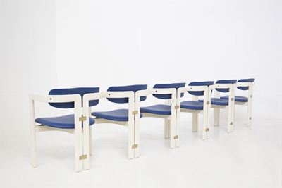Six Pamplona Chairs By Augusto Savini For Pozzi in Lacquered Wood And Blue Leather