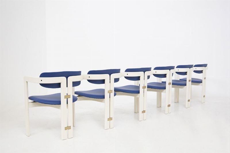 Six Pamplona Chairs By Augusto Savini For Pozzi in Lacquered Wood And Blue Leather