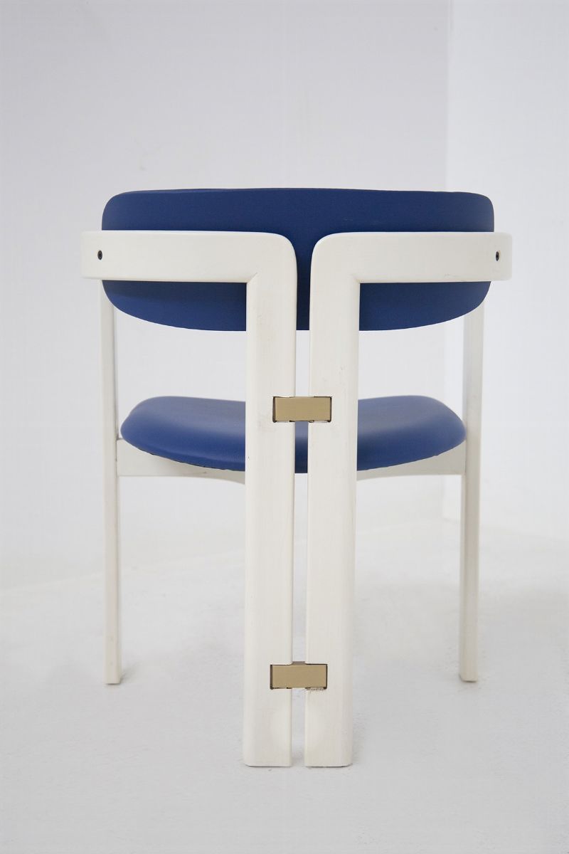 Six Pamplona Chairs By Augusto Savini For Pozzi in Lacquered Wood And Blue Leather