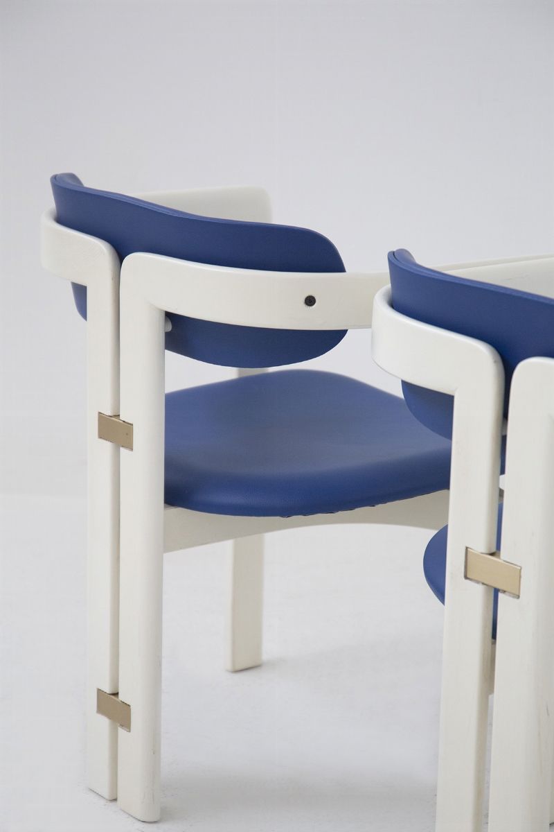 Six Pamplona Chairs By Augusto Savini For Pozzi in Lacquered Wood And Blue Leather