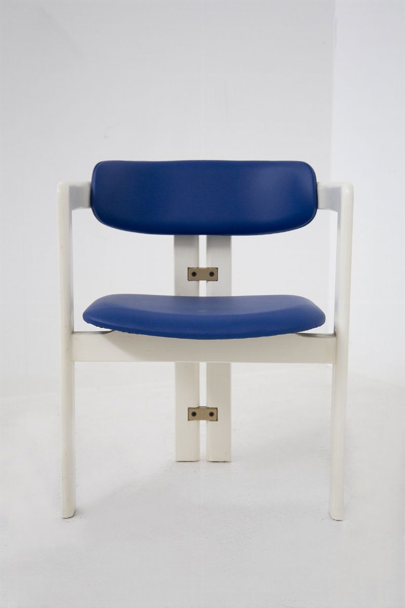 Six Pamplona Chairs By Augusto Savini For Pozzi in Lacquered Wood And Blue Leather