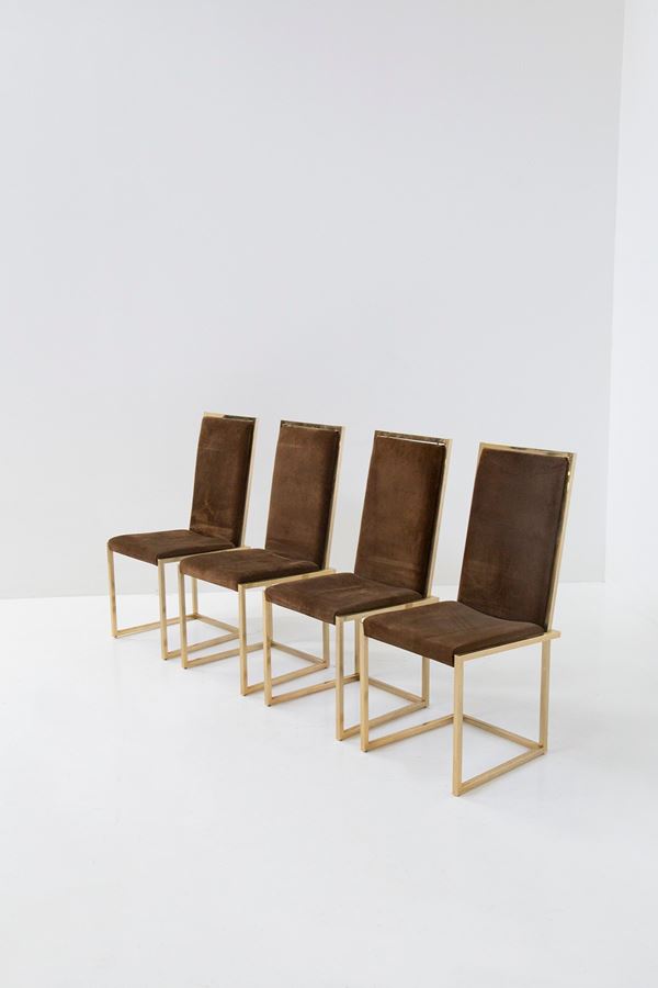 Manifattura Italiana - Set di quattro sedie italiane in metallo dorato e velluto