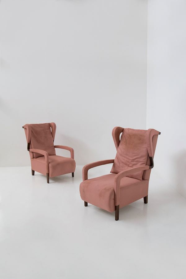 Gio Ponti - Rara Coppia di Poltrone di Gio Ponti in Legno e Tessuto, pubblicate