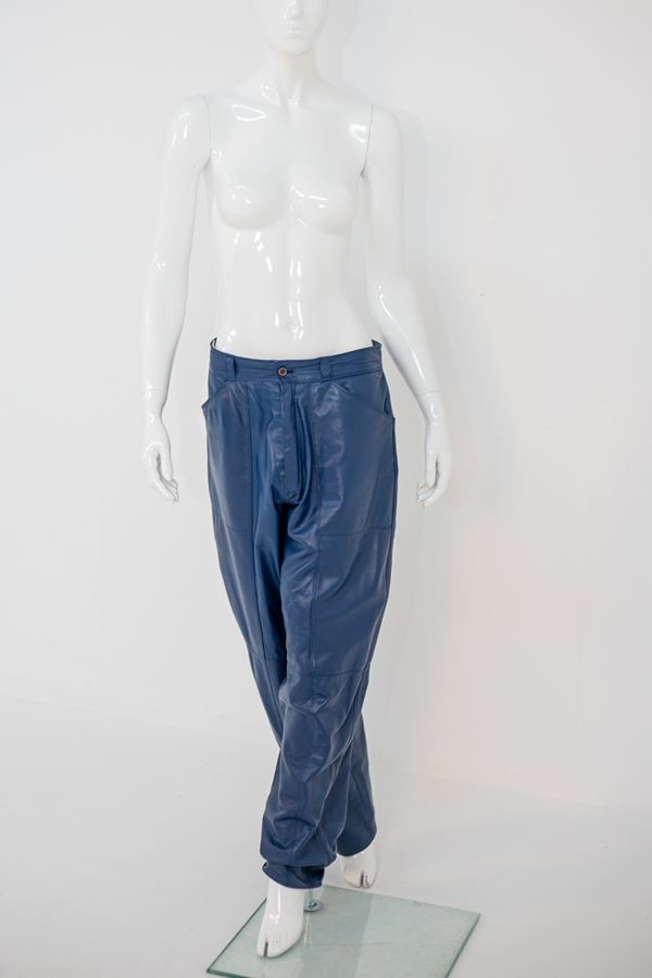 Gianni  Versace - Gianni Versace Low Waist Blue Leather Trousers