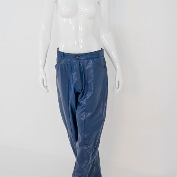 Gianni  Versace - Gianni Versace - Pantaloni a vita bassa in pelle blu