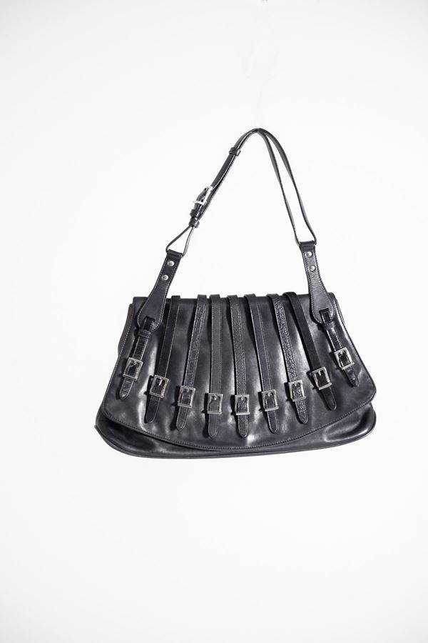 Gianni  Versace - Gianni Versace Black Bondage Line Bag in Embossed Leather and Metal, 90s