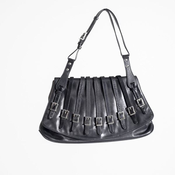 Gianni  Versace - Gianni Versace Black Bondage Line Bag in Embossed Leather and Metal, 90s