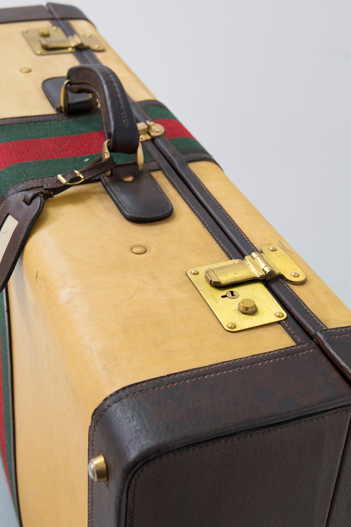 Rara valigia da viaggio Gucci in tessuto e pelle, etichetta originale