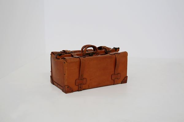 Antique Brown Leather Gladstone Doctors Bag Vintage Case, Italy