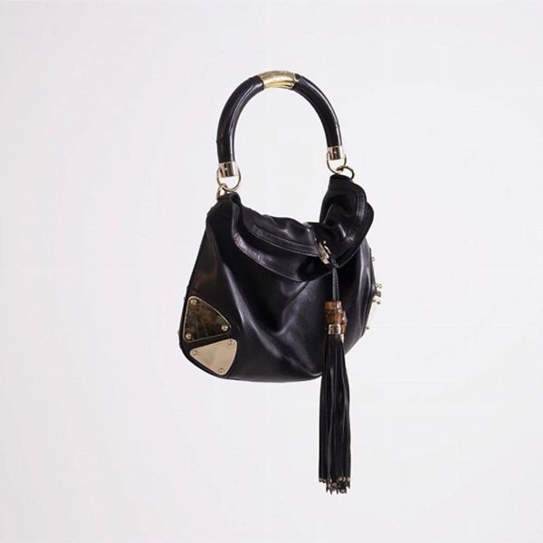 Guccio Gucci - Gucci Indy Babouska Borsa in pelle nera e metallo dorato, anni 2000