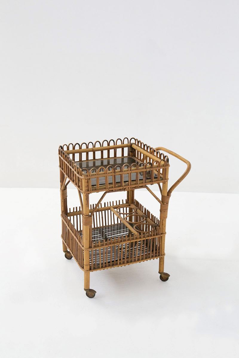 Carrello da bar italiano in bambù, rattan e vetro nero