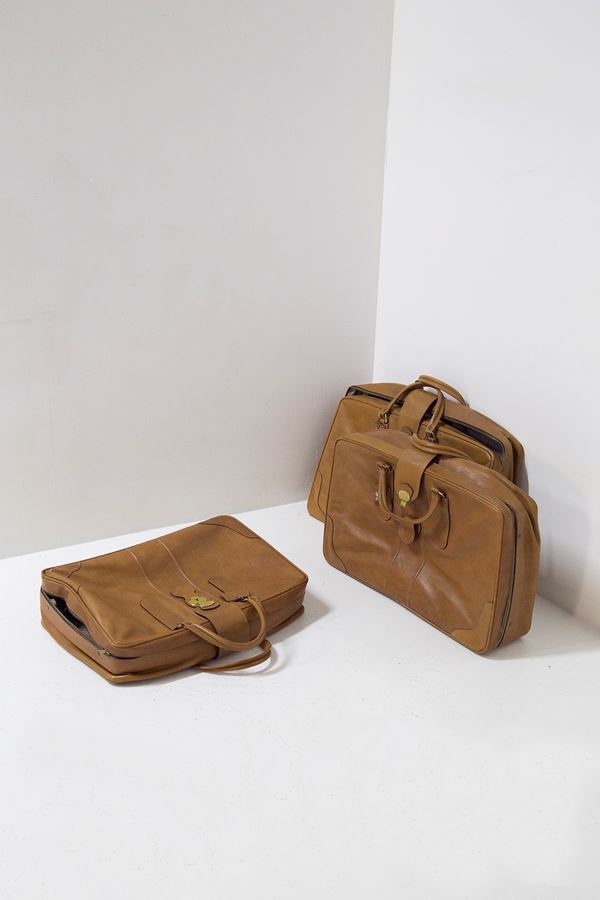 Three Vintage Camel Leather Suitcases Set