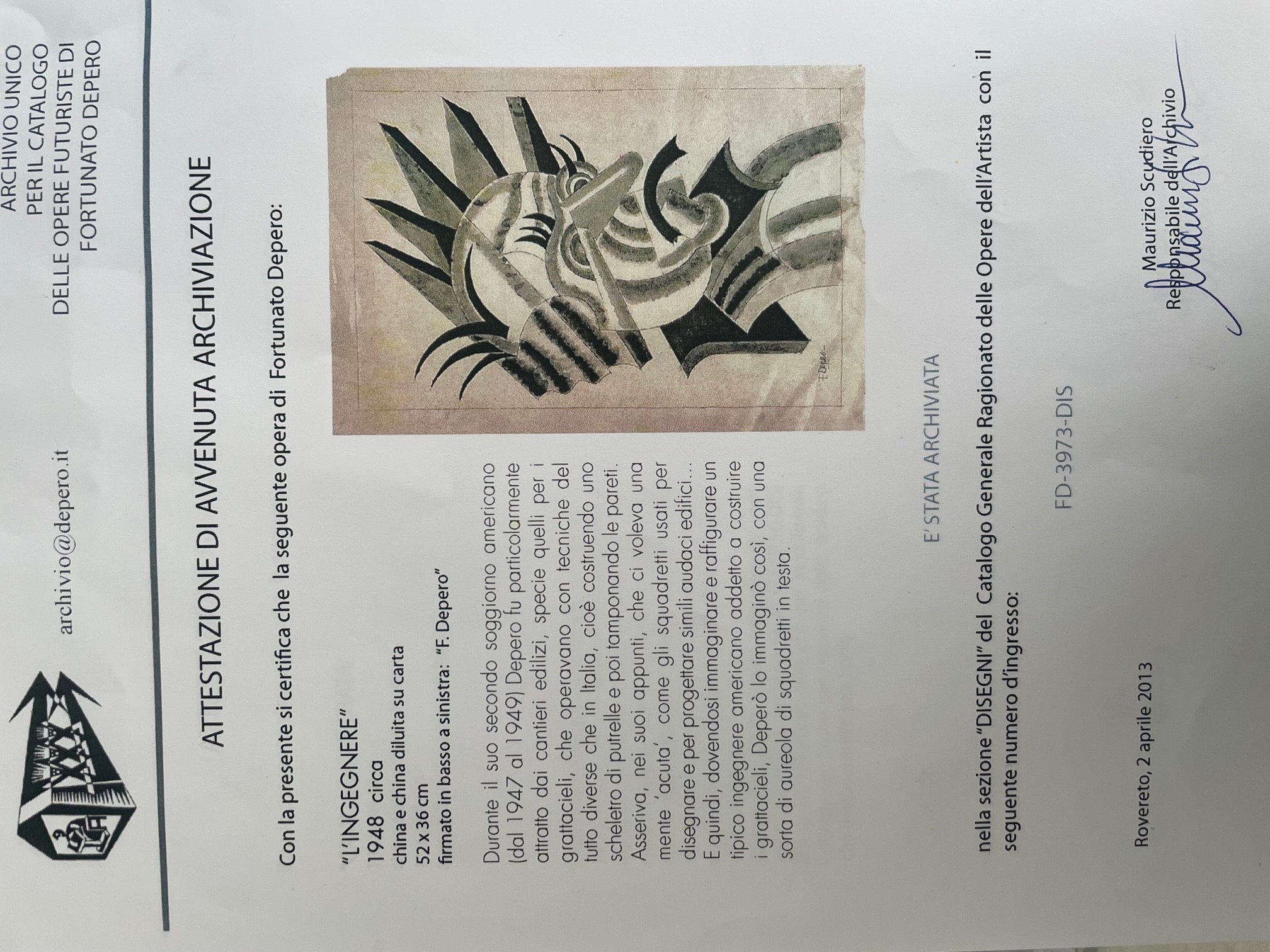 Pittura, Certificato da Archivio