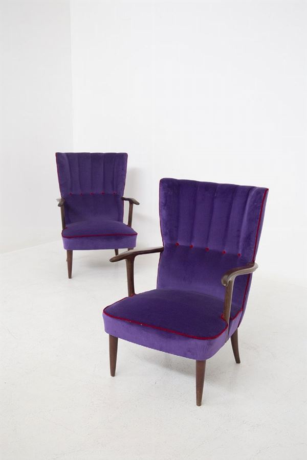 Paolo Buffa Armchairs in Purple Velvet