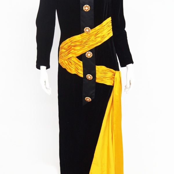 Vintage Satin Evening Dress in Velvet and Jewelry Buttons