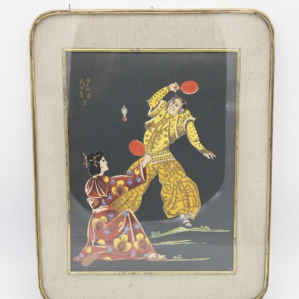 Japanese framed painting on Yuta 'Flywheel'.