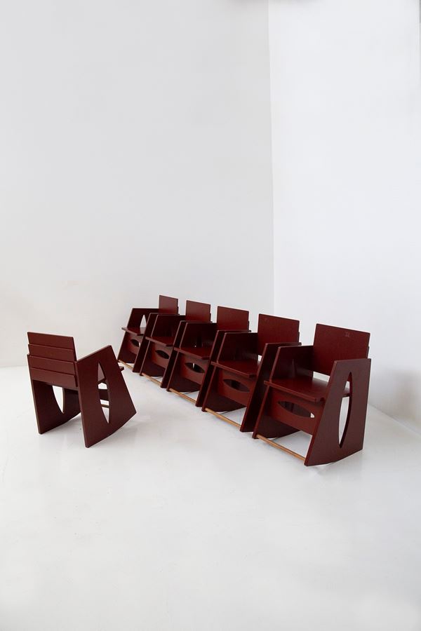 Set di 6 sedie a dondolo in legno laccato rosso