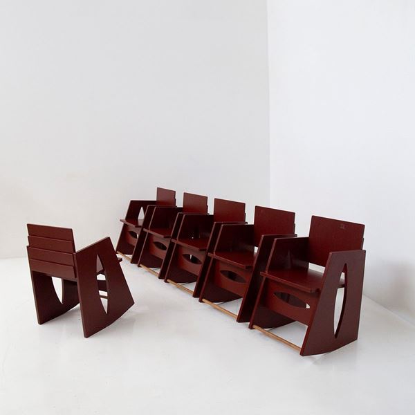 Set of 6 red lacquered wooden rocking chairs