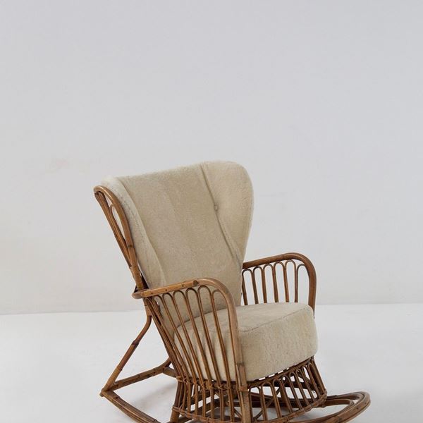 Paolo Malchiodi - Rattan rocking chair with sheepskin padding attr. to Paolo Malchiodi