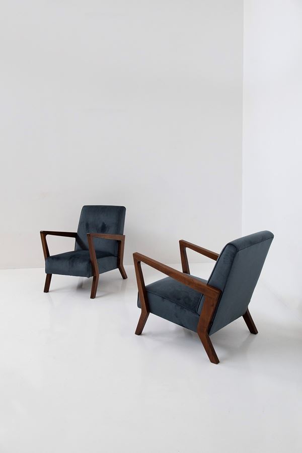 Manifattura Italiana - Pair of Italian blue velvet armchairs