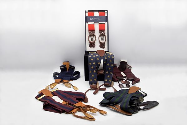 Set of 6 suspenders of different brands in various colors.
