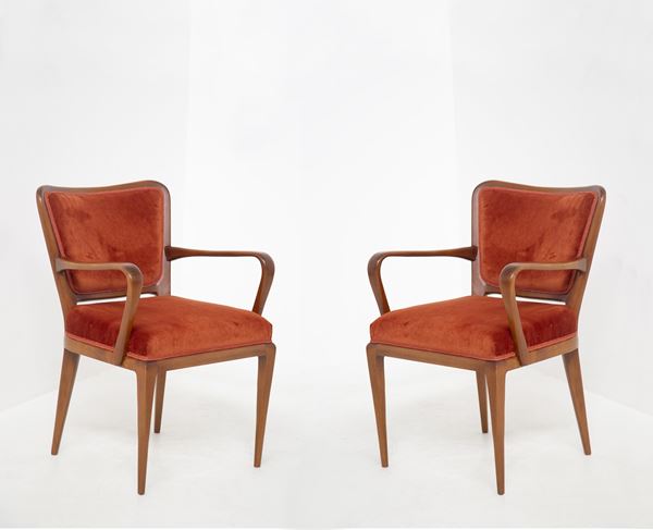 Osvaldo Borsani - Pair of Osvaldo Borsani armchairs in orange velvet, Published