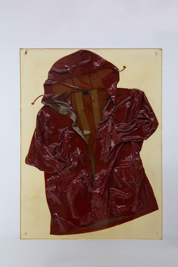 Artwork with red trench coat in resin panel