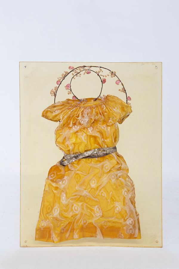 Artwork with yellow dress in resin panel